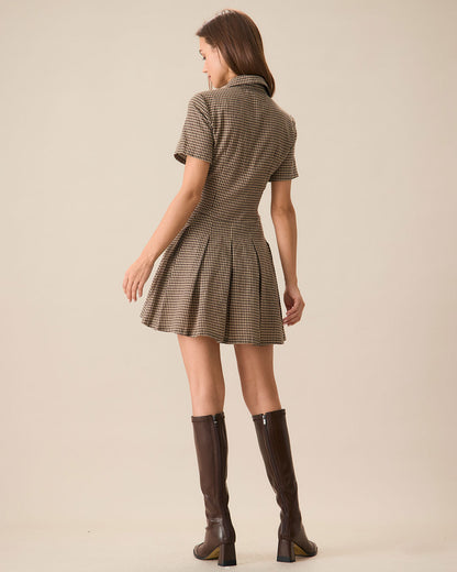 Vestido Mini Plisado de Cuadros Marrón