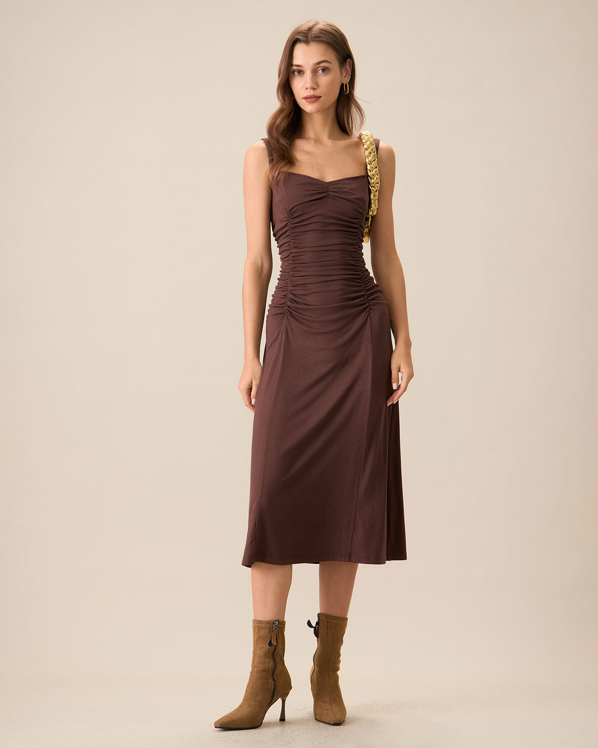 Vestido Midi de Punto con Fruncidos para Mujer