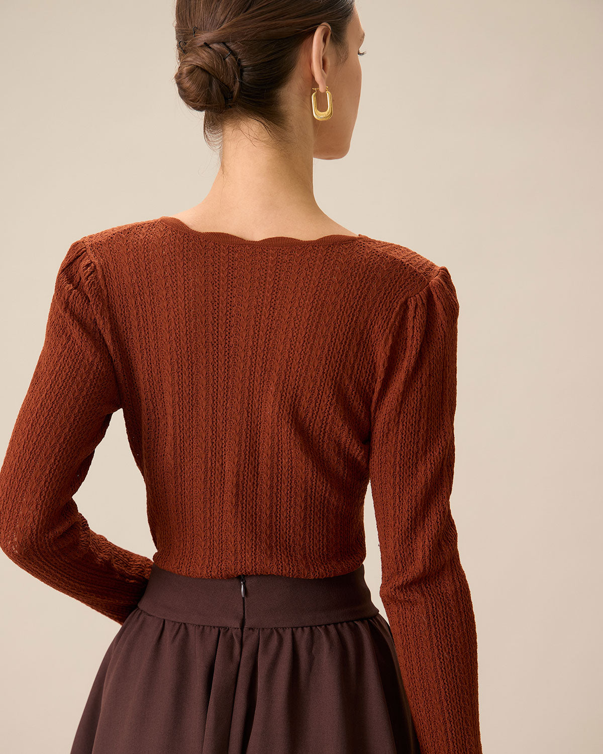 Suéter Slim de Cuello Redondo Marrón para Mujeres