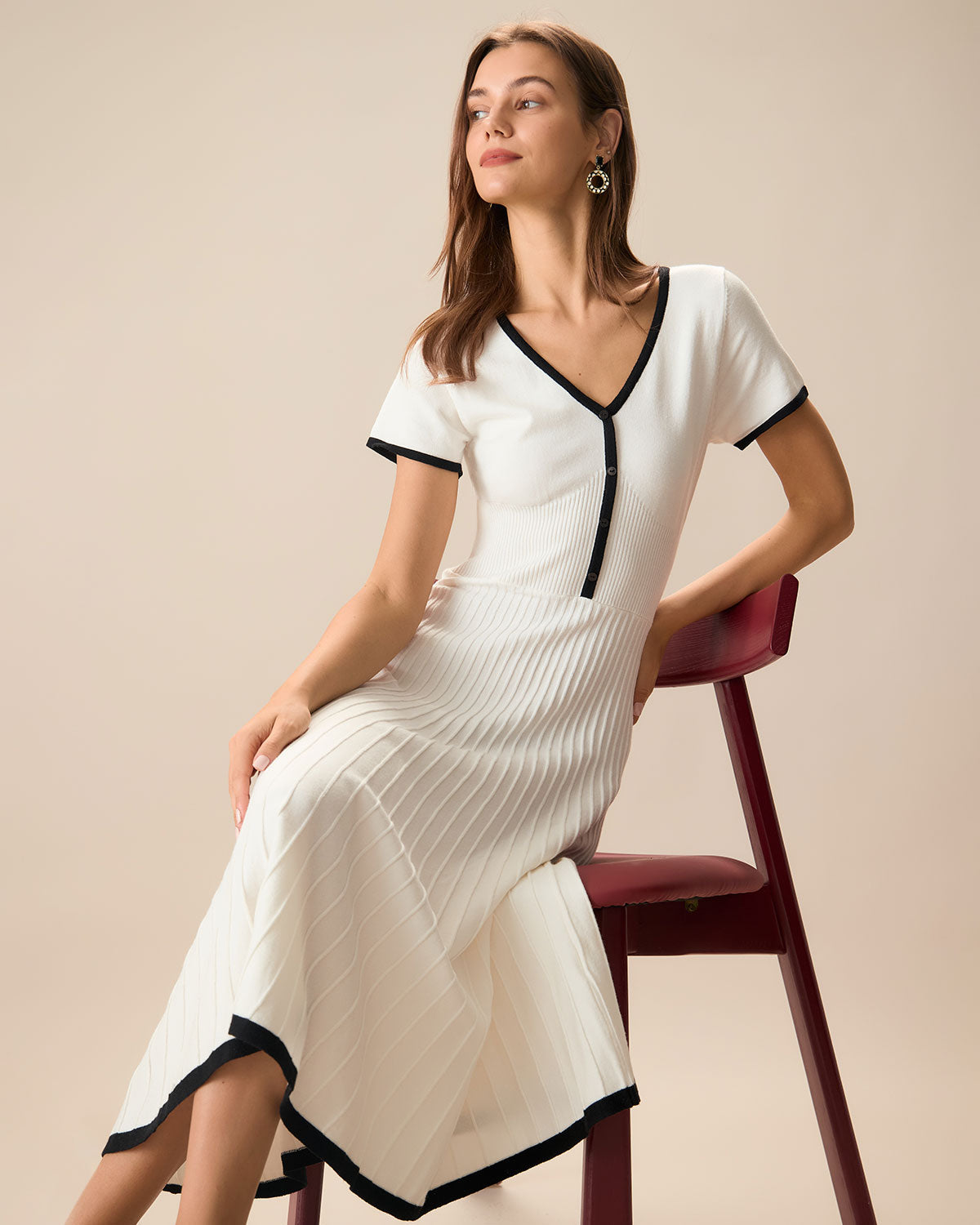 Vestido Midi de Suéter Blanco con Contraste para Mujer