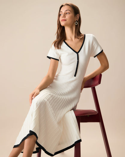 Vestido Midi de Suéter Blanco con Contraste para Mujer