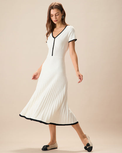 Vestido Midi de Suéter Blanco con Contraste para Mujer