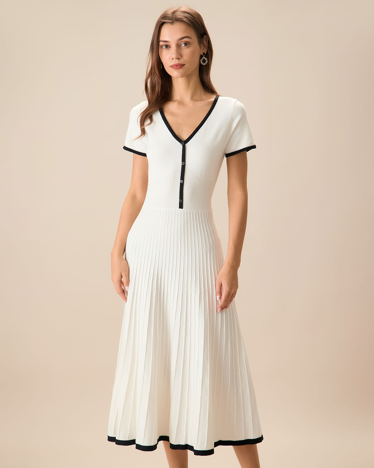 Vestido Midi de Suéter Blanco con Contraste para Mujer