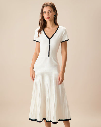 Vestido Midi de Suéter Blanco con Contraste para Mujer