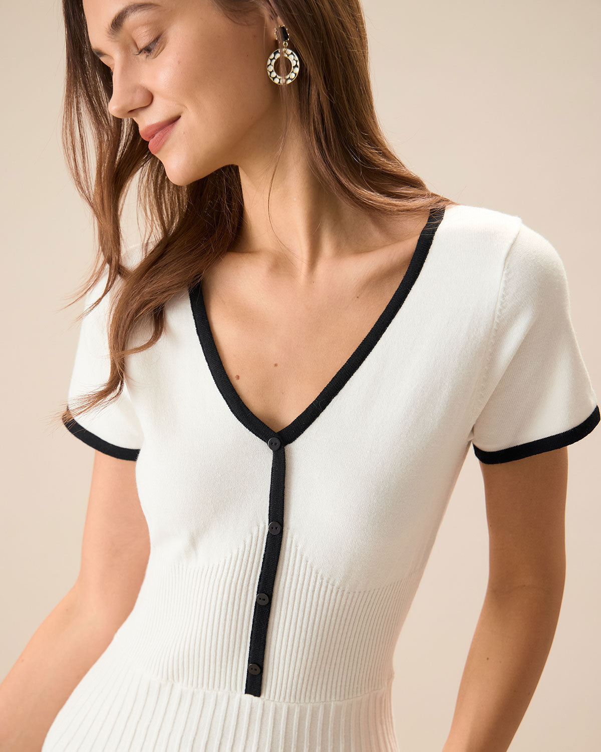 Vestido Midi de Suéter Blanco con Contraste para Mujer
