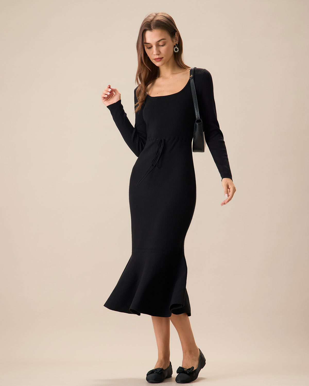 Vestido Maxi de Suéter de Cuello Cuadrado Negro para Mujer