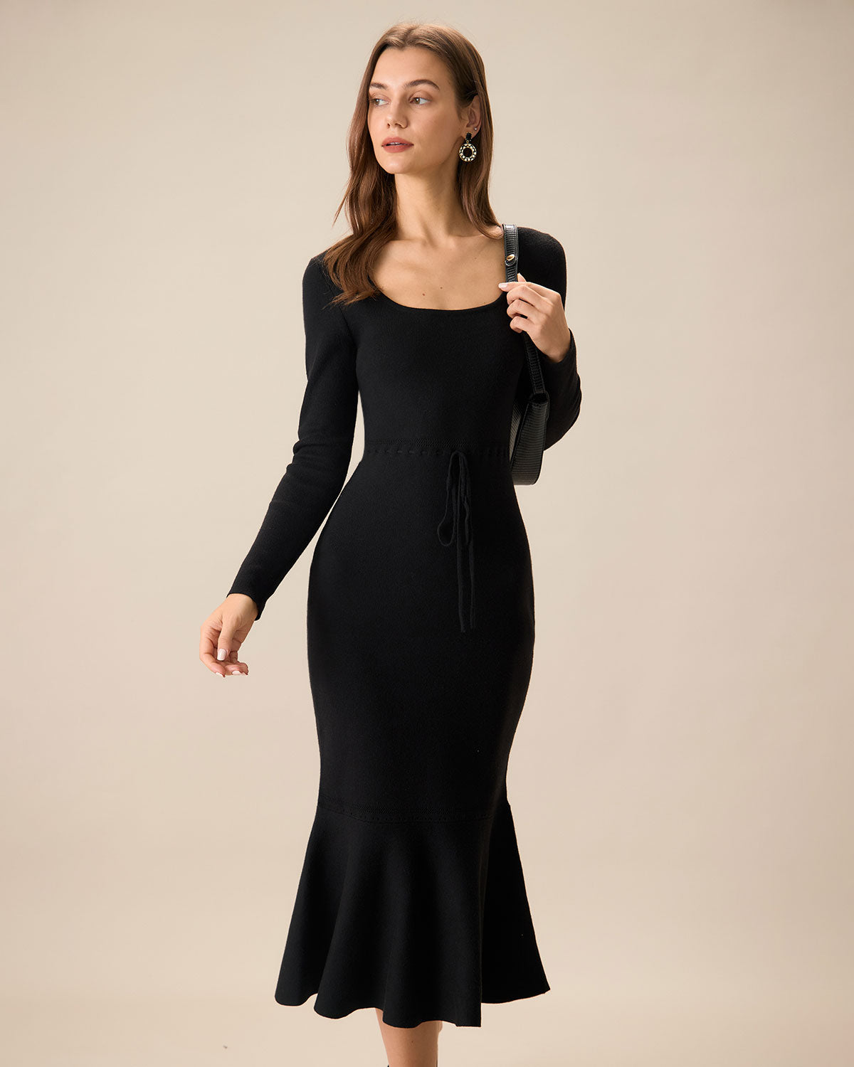 Vestido Maxi de Suéter de Cuello Cuadrado Negro para Mujer
