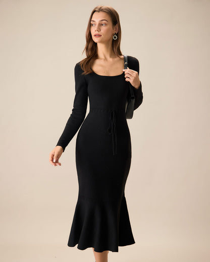 Vestido Maxi de Suéter de Cuello Cuadrado Negro para Mujer