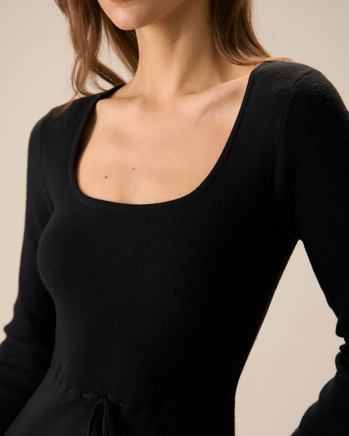 Vestido Maxi de Suéter de Cuello Cuadrado Negro para Mujer