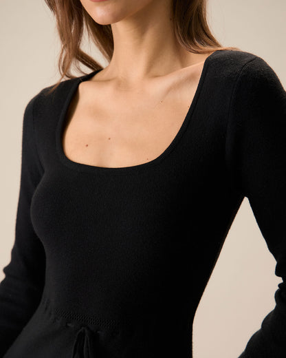 Vestido Maxi de Suéter de Cuello Cuadrado Negro para Mujer