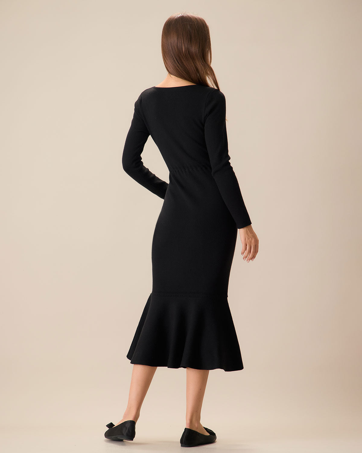 Vestido Maxi de Suéter de Cuello Cuadrado Negro para Mujer