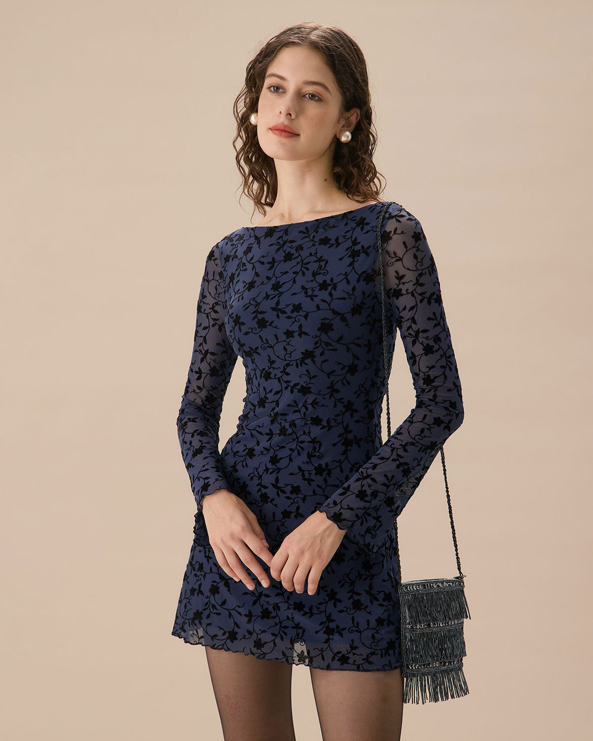 Vestido Mini de Manga Larga Transparente Azul para Mujeres