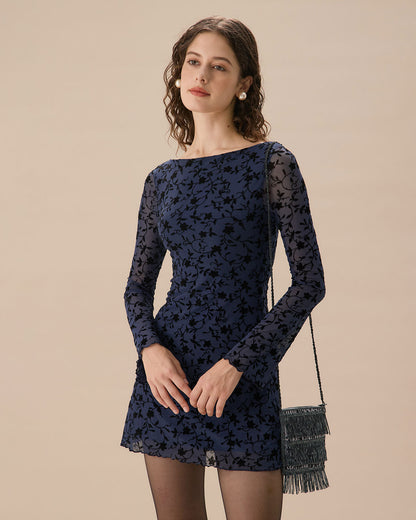 Vestido Mini de Manga Larga Transparente Azul para Mujeres