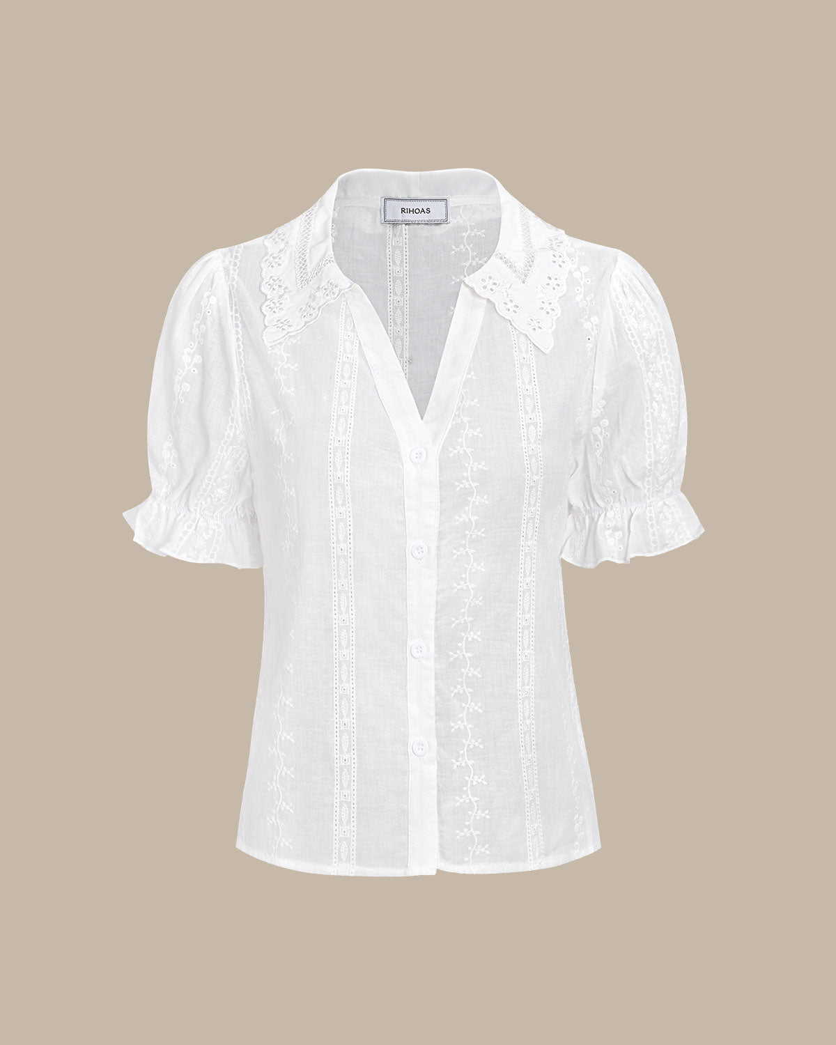 Blusa de Algodón Blanca con Cuello y Bordado de Encaje para Mujeres
