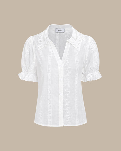 Blusa de Algodón Blanca con Cuello y Bordado de Encaje para Mujeres