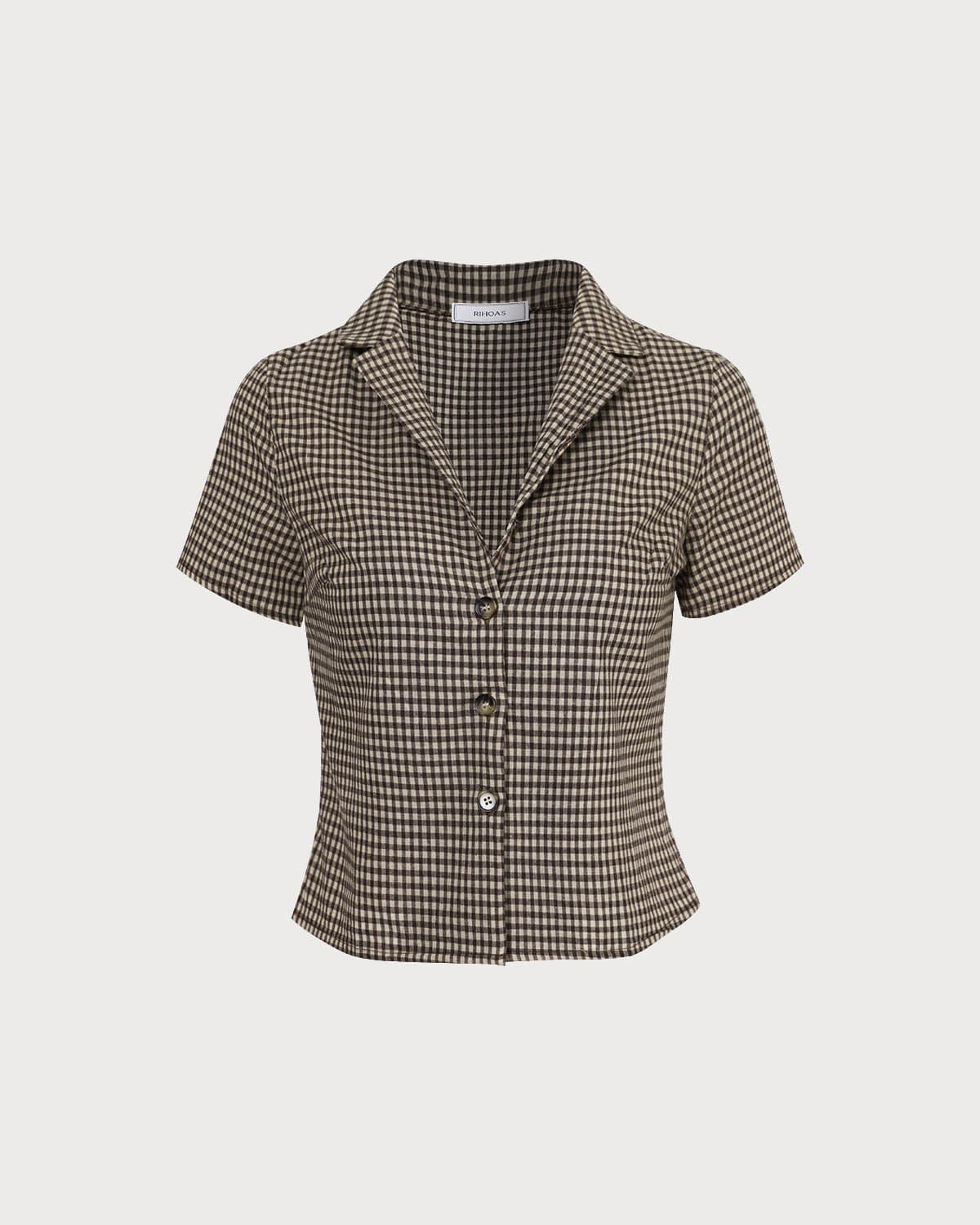 La Blusa de Cuello en V de Gingham Marrón de Manga Corta