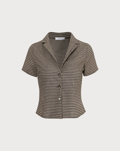 La Blusa de Cuello en V de Gingham Marrón de Manga Corta