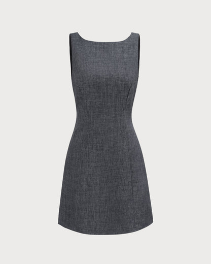El Vestido Mini Sin Mangas de Cuello Barco Gris