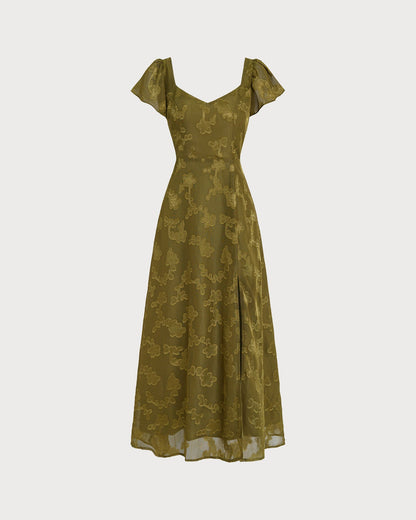 Vestido Maxi Jacquard de Escote Corazón Verde