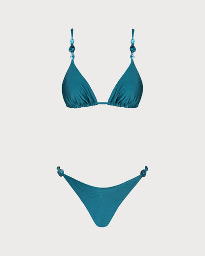 Conjunto de Bikini Triangular Arrugado Turquesa