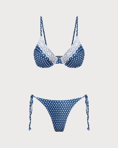 Conjunto de Bikini con Aros de Lunares Azules