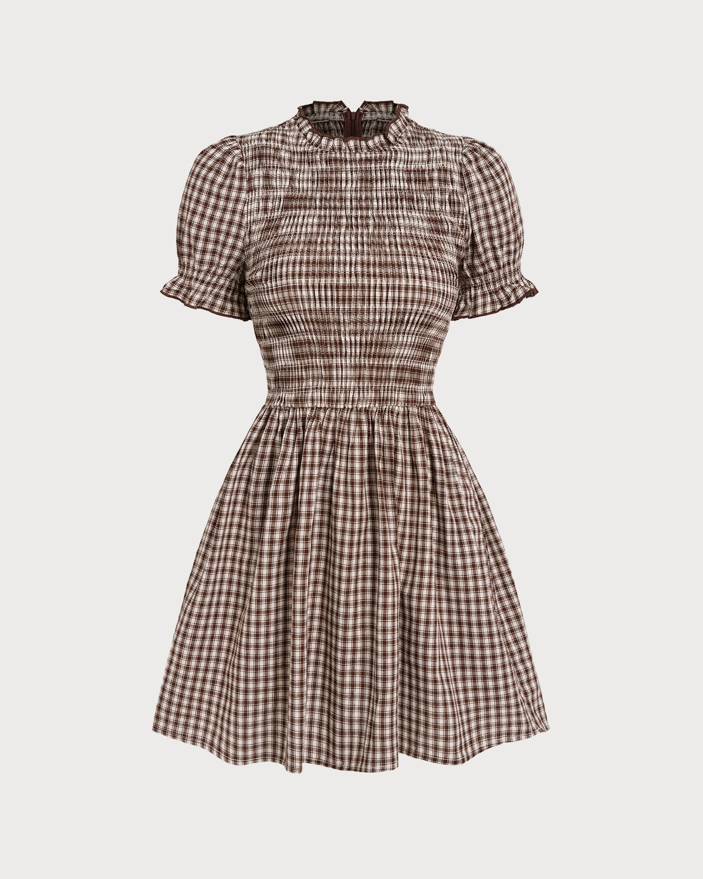 Vestido Mini de Manga Abullonada en Gingham Café