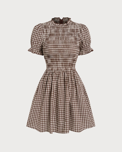 Vestido Mini de Manga Abullonada en Gingham Café