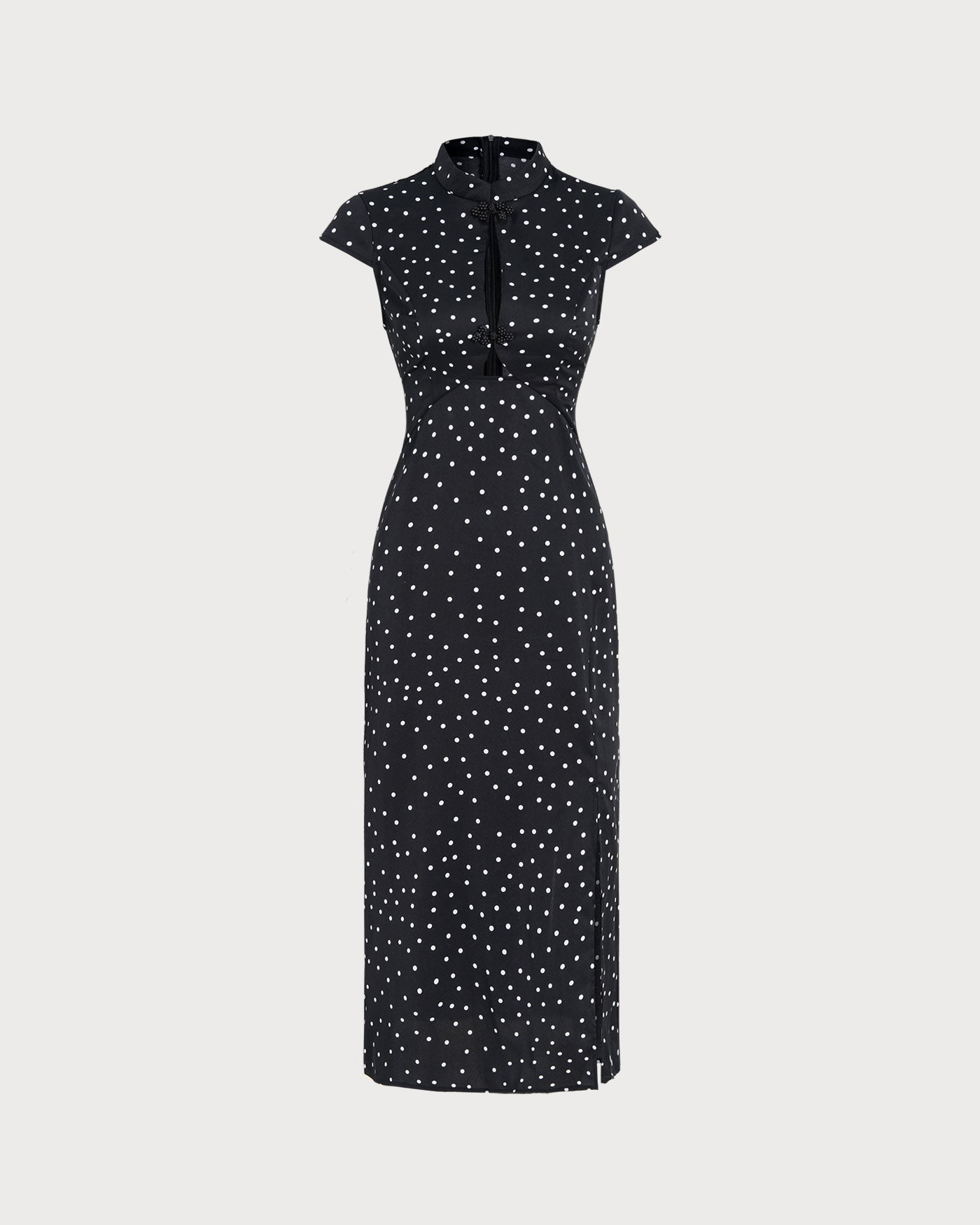Vestido Midi de Lunares con Cuello Mandarin Negro