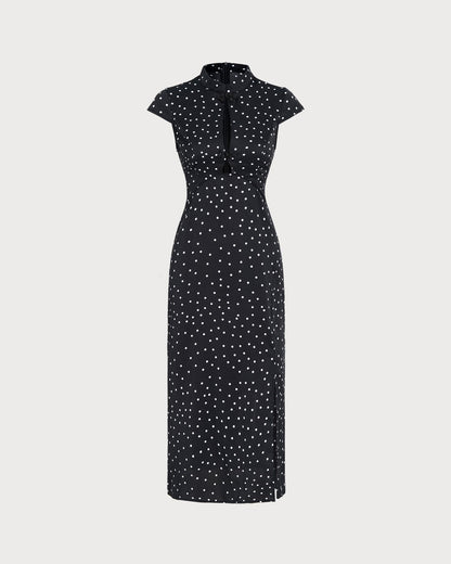 Vestido Midi de Lunares con Cuello Mandarin Negro