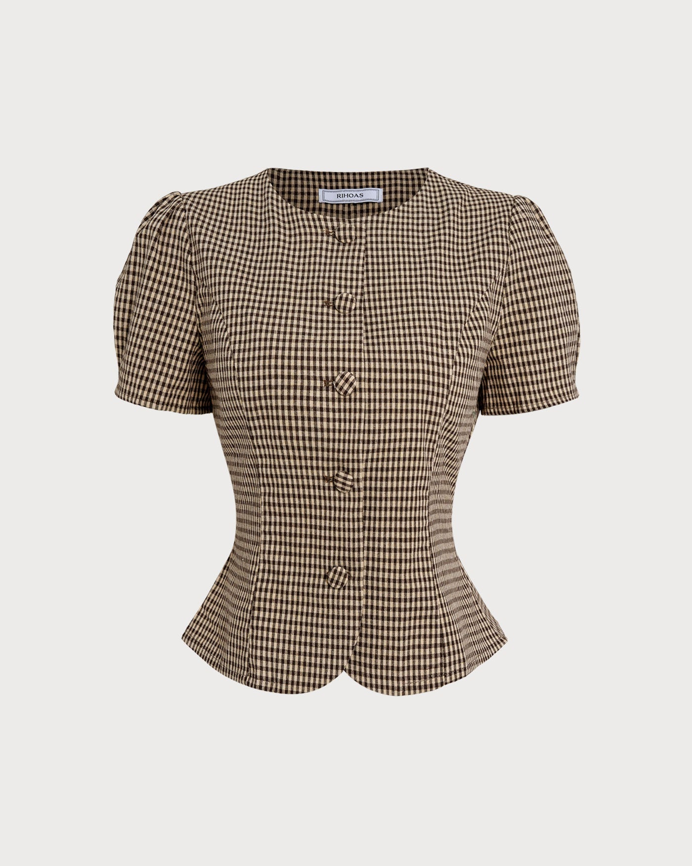 Blusa de Mangas Abullonadas a Cuadros Marrón