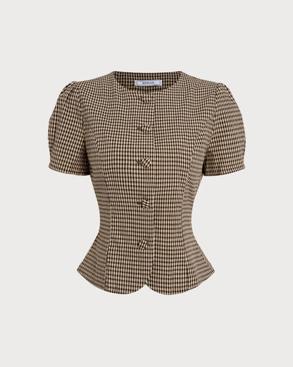 Blusa de Mangas Abullonadas a Cuadros Marrón