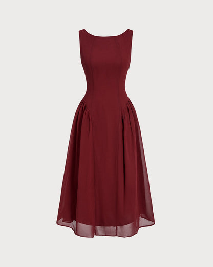 Vestido Midi Sin Mangas de Chifón Color Rojo Vino
