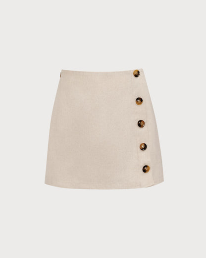 Falda Mini de Algodón Beige de Cintura Alta para Mujeres