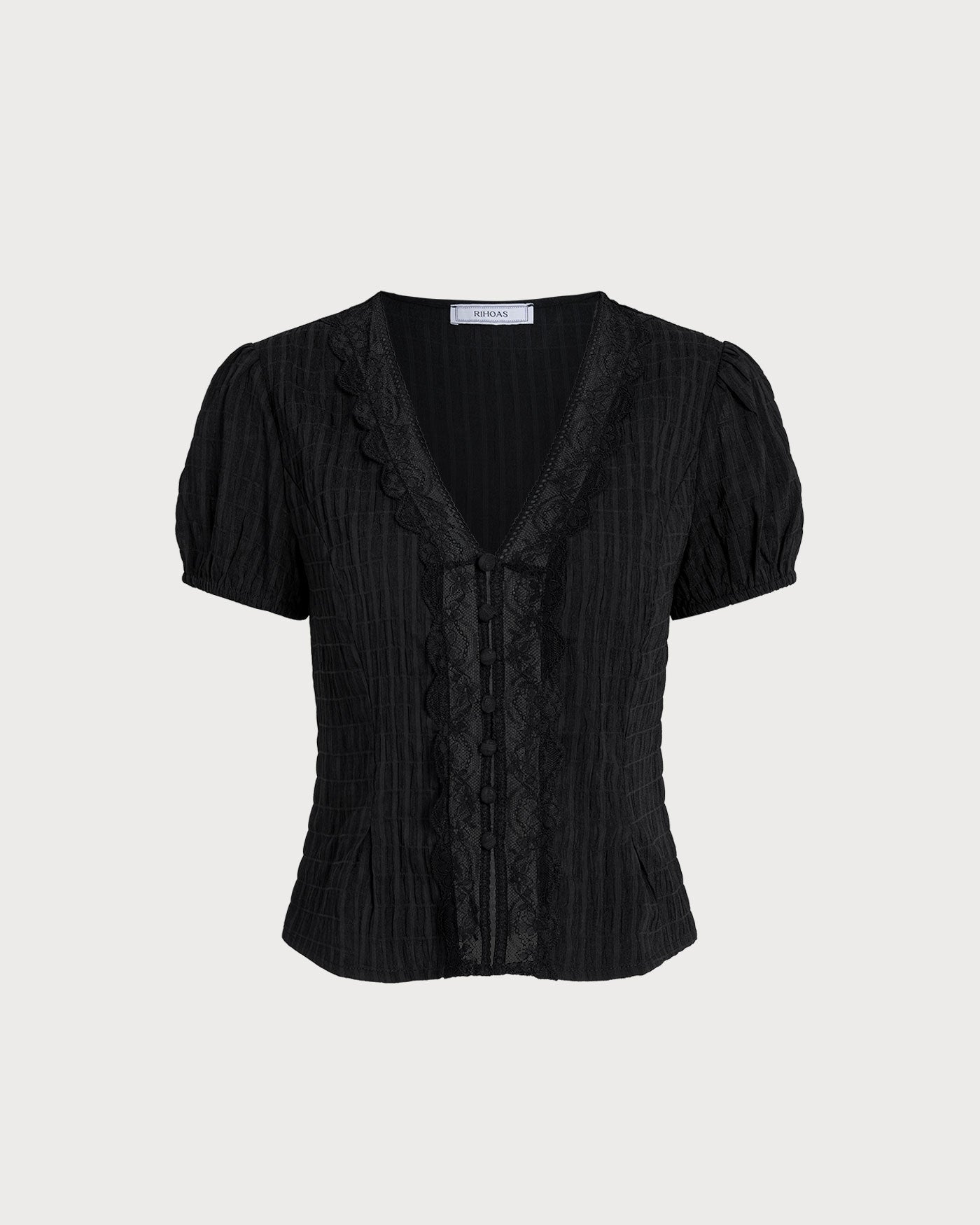 Blusa Negra de Encaje Jacquard con Botones