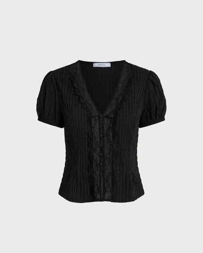 Blusa Negra de Encaje Jacquard con Botones