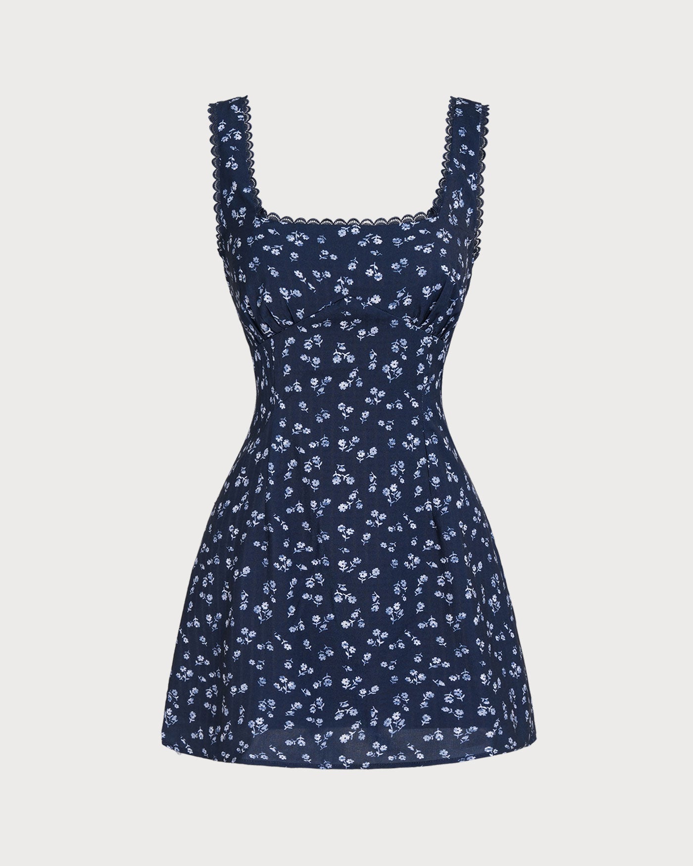 Vestido Mini Sin Mangas con Cuello Cuadrado Floral en Azul Marino
