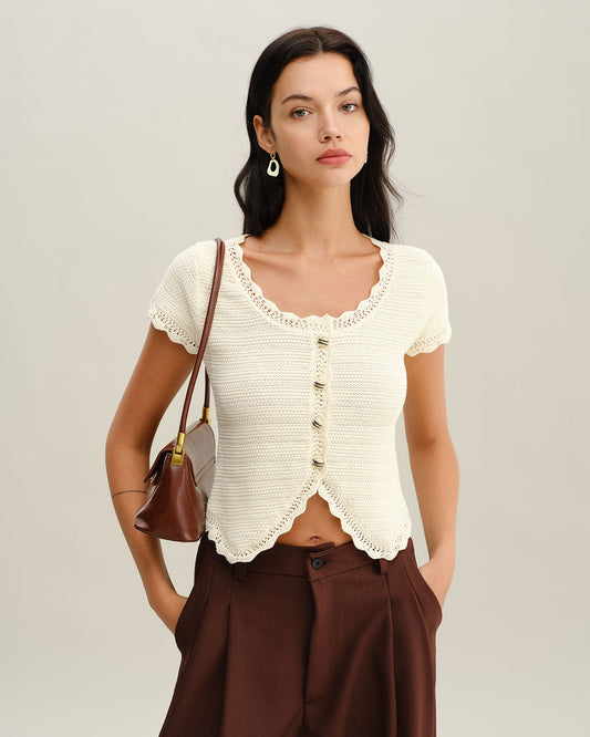 Cárdigan Texturizado Beige con Escote en U