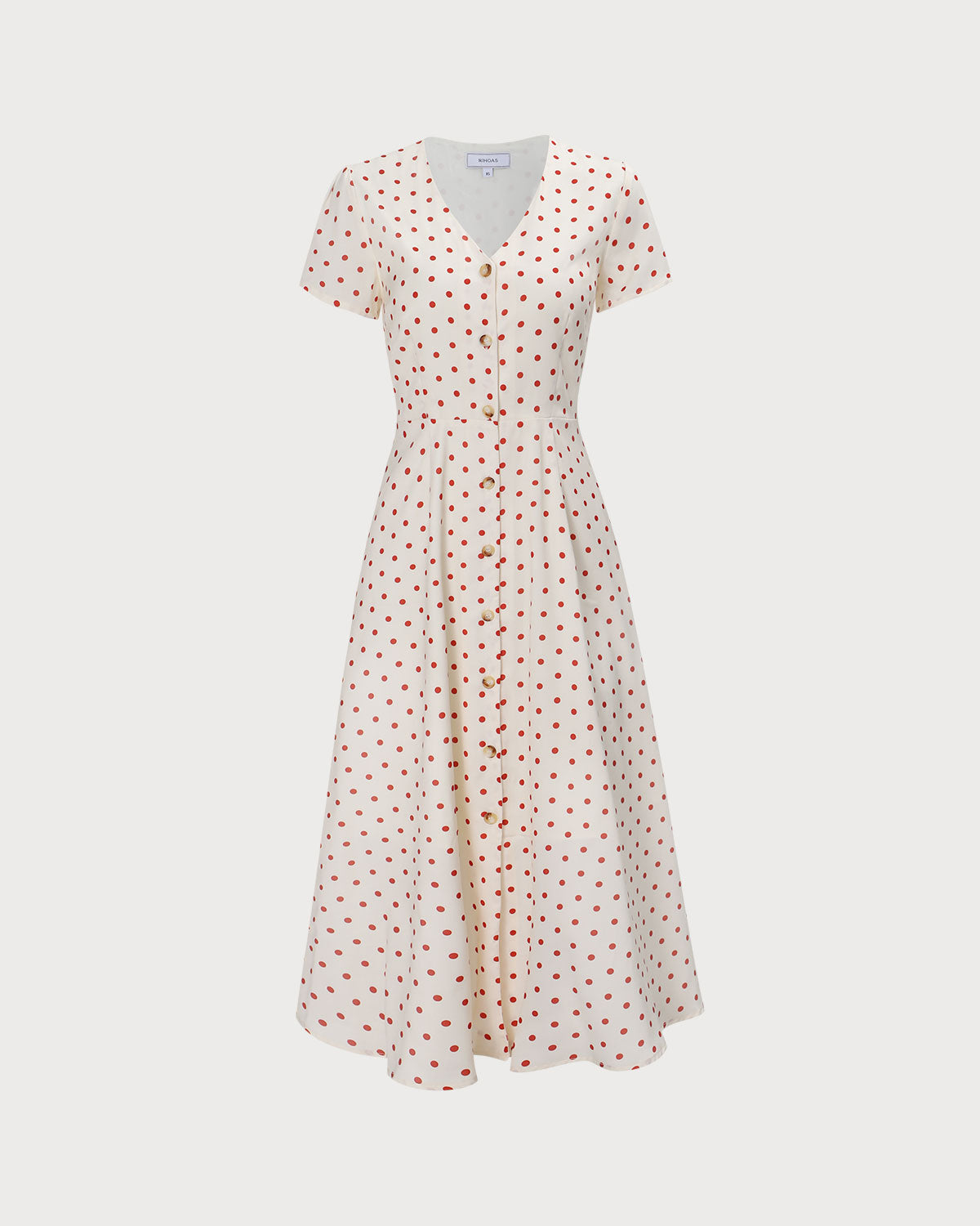 El Vestido Midi de Botones con Lunares y Escote en V Beige