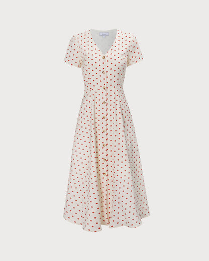 El Vestido Midi de Botones con Lunares y Escote en V Beige