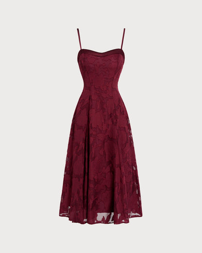 Vestido Midi Jacquard Sin Mangas de Cuello Corazón Color Rojo Vino