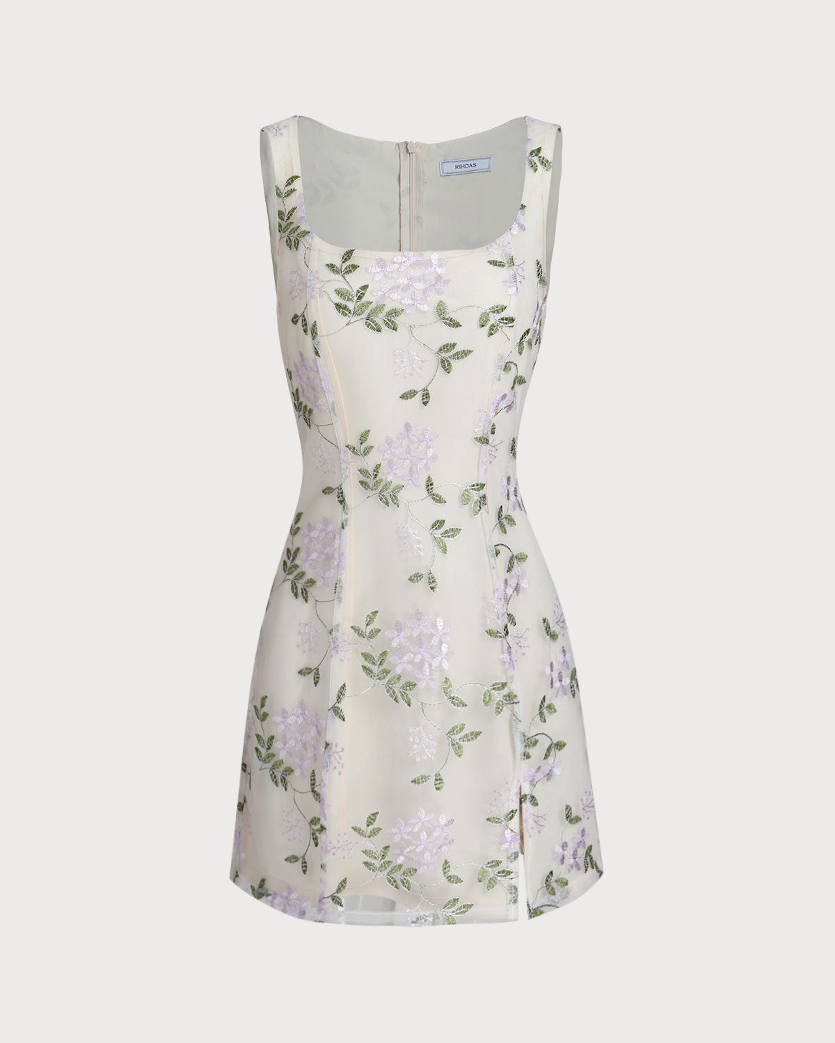 Vestido Mini Slip de Cuello Cuadrado Beige con Bordado y Abertura
