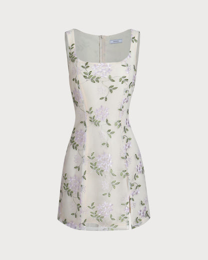 Vestido Mini Slip de Cuello Cuadrado Beige con Bordado y Abertura