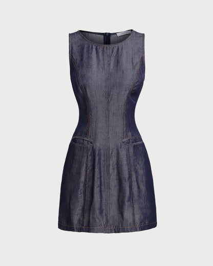 Vestido Mini Sin Mangas Azul con Bolsillos