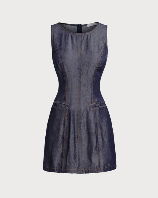 Vestido Mini Sin Mangas Azul con Bolsillos