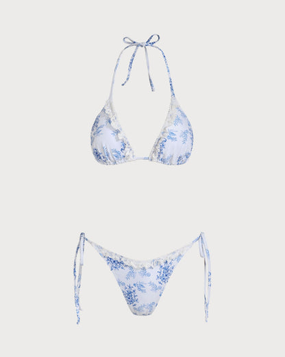 Conjunto de Bikini con Cordón Floral Azul