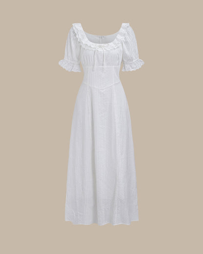 Vestido Maxi de Manga Abullonada con Bordado Blanco
