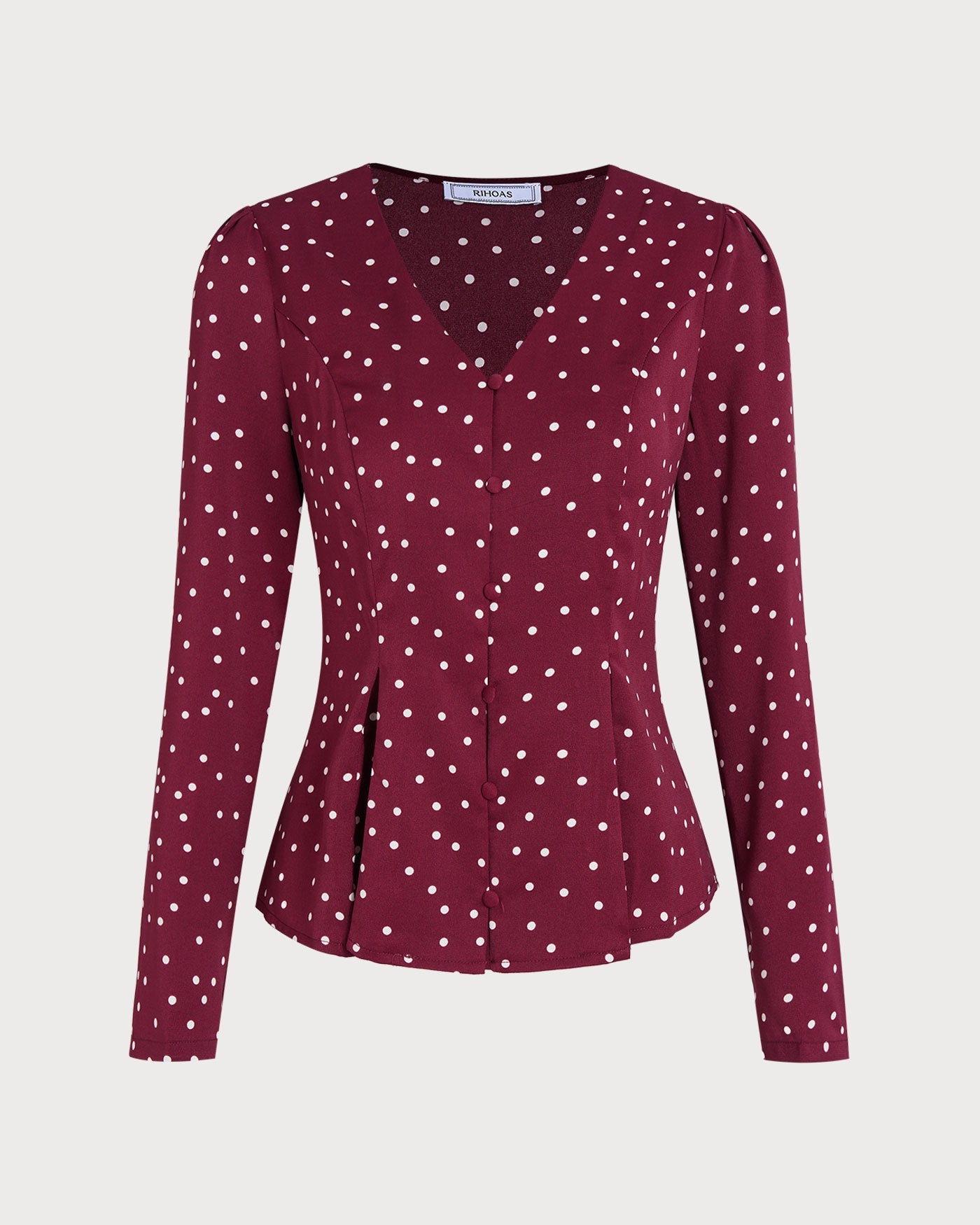 Blusa de Cuello en V con Lunares Rojos Vino