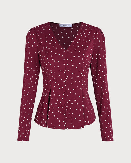 Blusa de Cuello en V con Lunares Rojos Vino