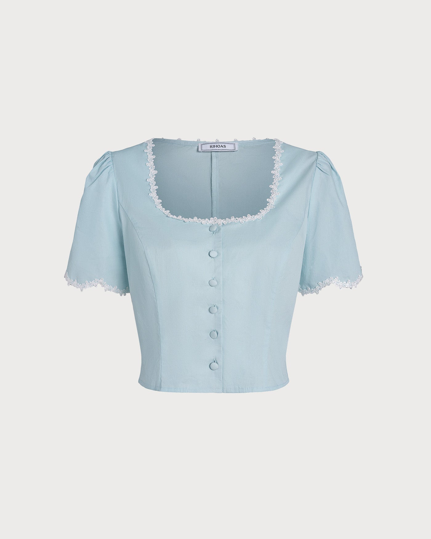 Camisa de Cuello Cuadrado con Botones de Encaje Azul Claro
