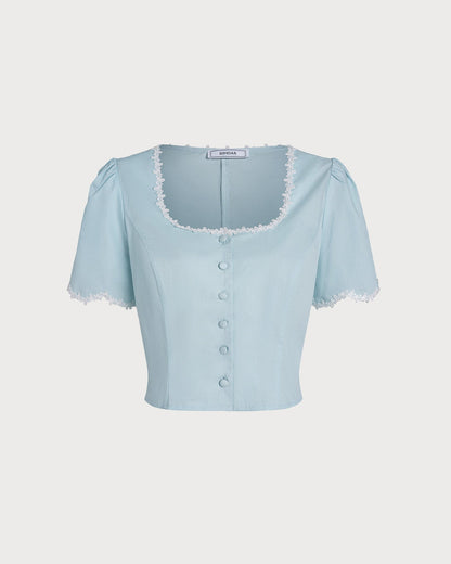 Camisa de Cuello Cuadrado con Botones de Encaje Azul Claro
